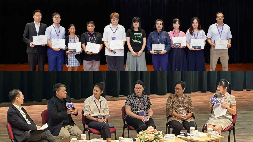 [Top photo] Dr. Palomar with other presenters at the EdUHK IPCRF 2024; [Bottom photo] Dr. Palomar at a plenary sharing session during the EdUHK IPCRF 2024